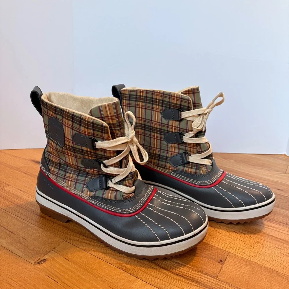 Sorel Tivoli Plaid Waterproof Winter Boots Blue Grey Tan Size 10